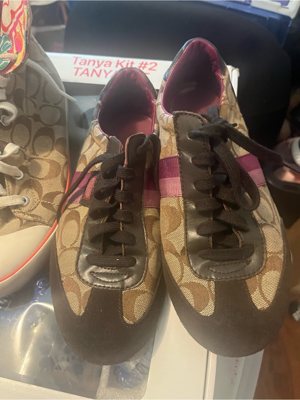Coach Brown Canvas Logo Sneakers with Pink Stripe